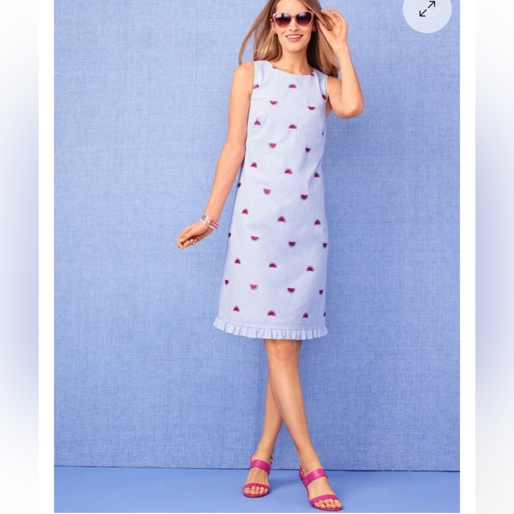 Talbots WATERMELON-EMBROIDERED SEERSUCKER SHIFT DRESS Cottage ruffles size 2